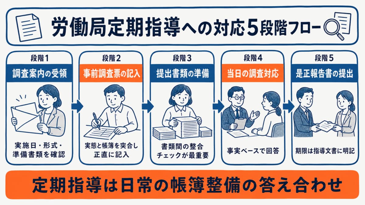 労働局定期指導への対応5段階フロー図