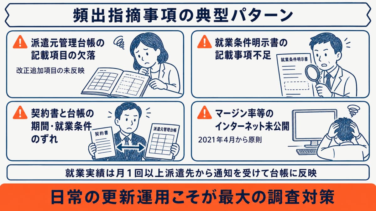 頻出指摘事項と帳簿不整合の典型パターン図