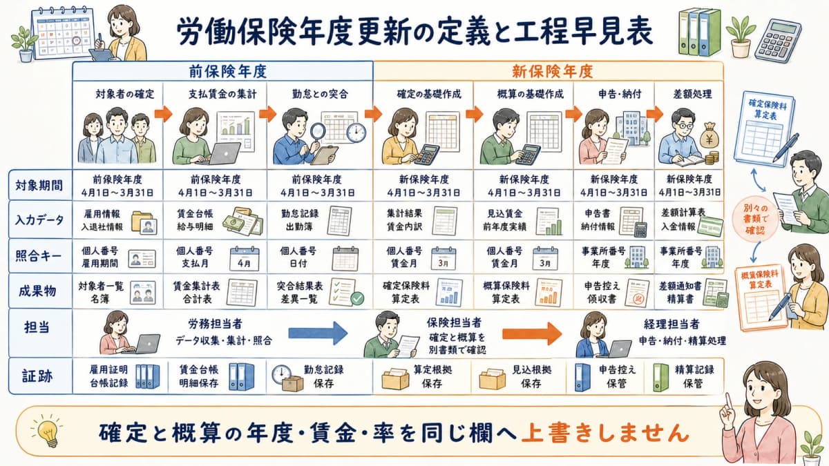 労働保険年度更新の確定保険料と概算保険料を整理した工程早見表