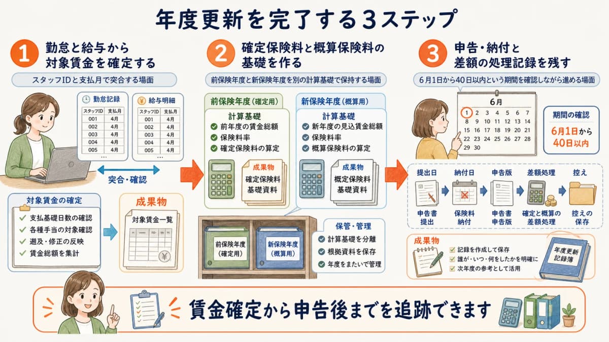 対象賃金の確定から申告納付と差額処理までの年度更新3ステップ