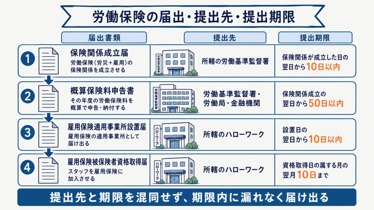 労働保険の届出書類・提出先・提出期限を一覧化したフロー図