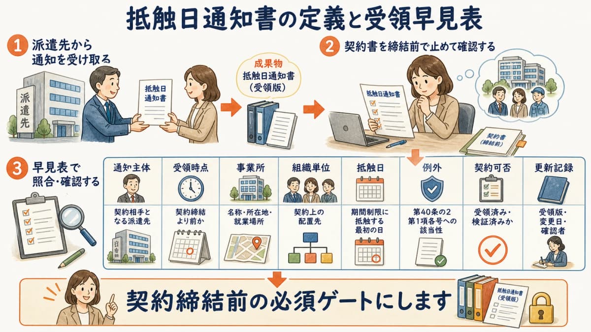 抵触日通知の主体と時点と確認項目を整理する受領早見表