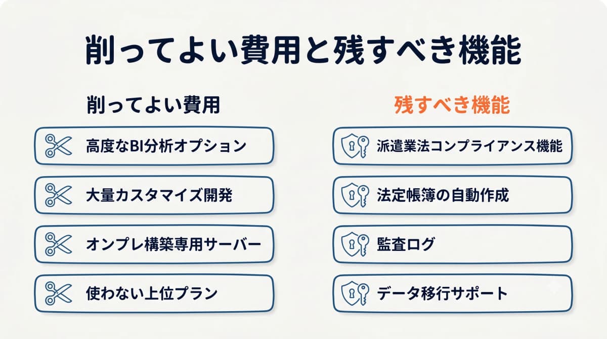 削ってよい費用と残すべき機能を仕分けしたマトリクス図
