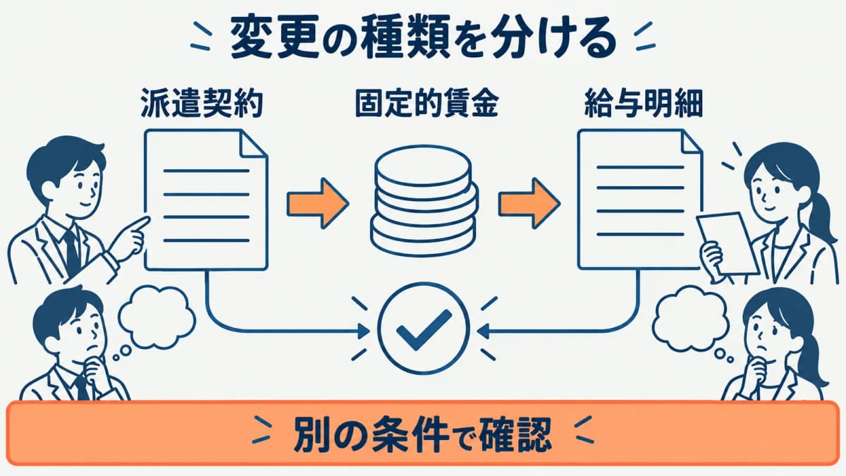 派遣契約・固定的賃金・給与明細を分けて確認する図