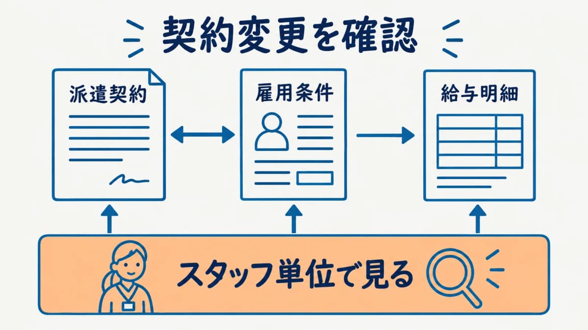 契約変更からスタッフ賃金を確認する流れ