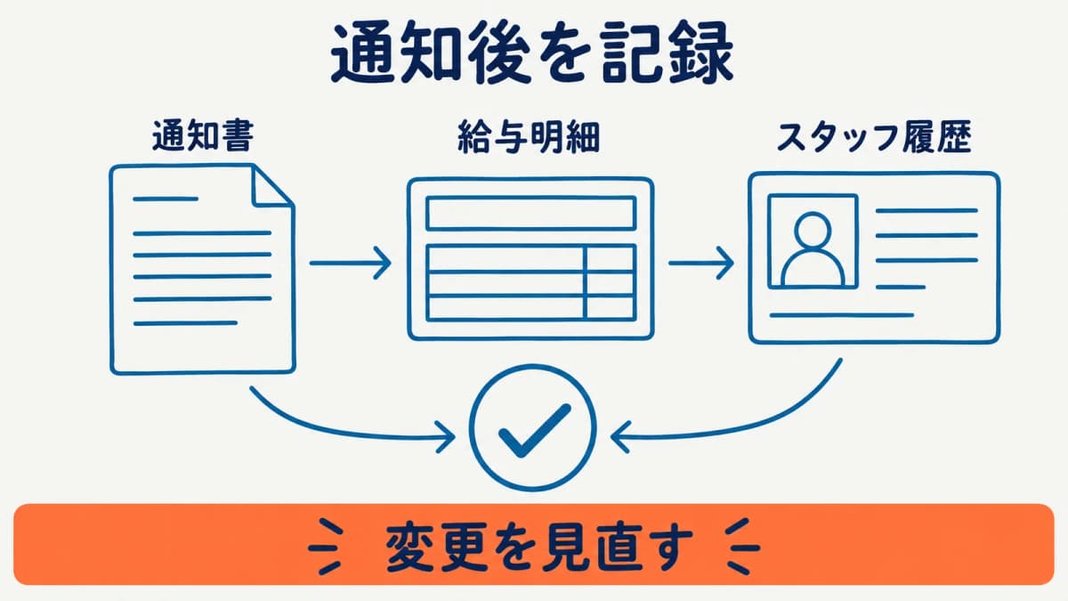 通知後の確認とスタッフ履歴への記録を示す図