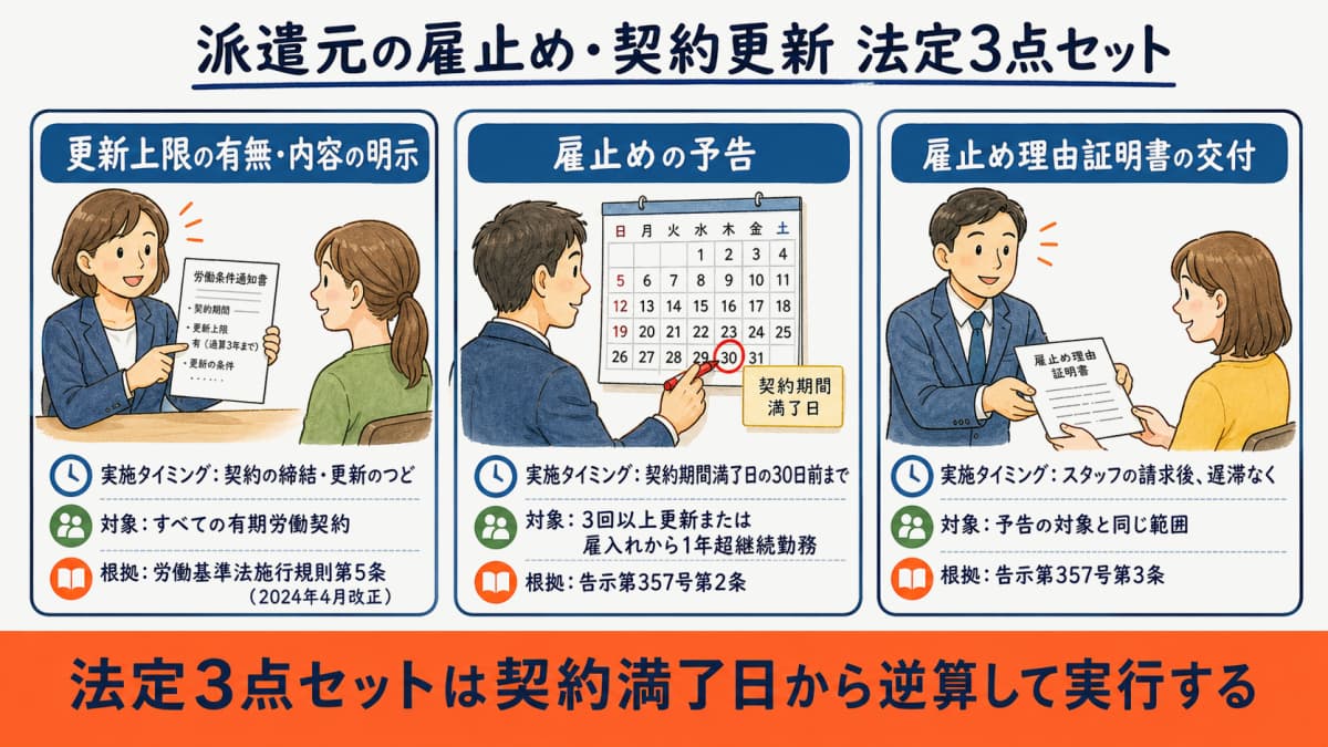派遣元の雇止め・契約更新の法定3点セット早見図
