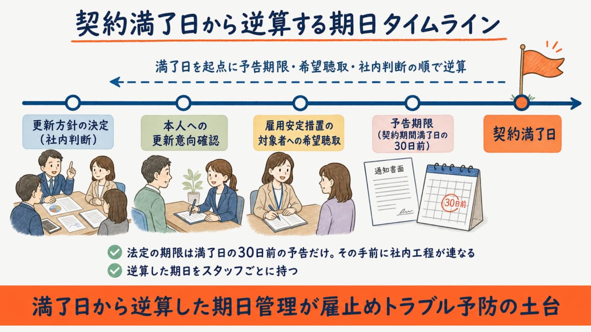 契約満了日から逆算する期日タイムライン図