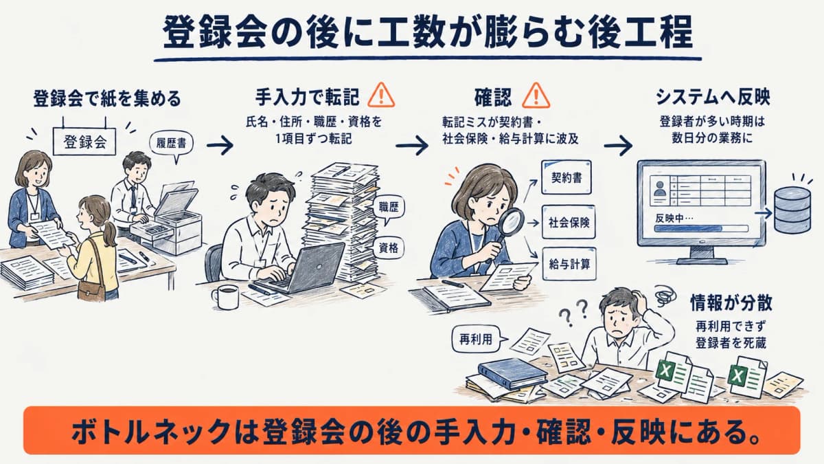 登録会後の手入力・確認・反映の後工程で工数が膨らむ様子を示した図