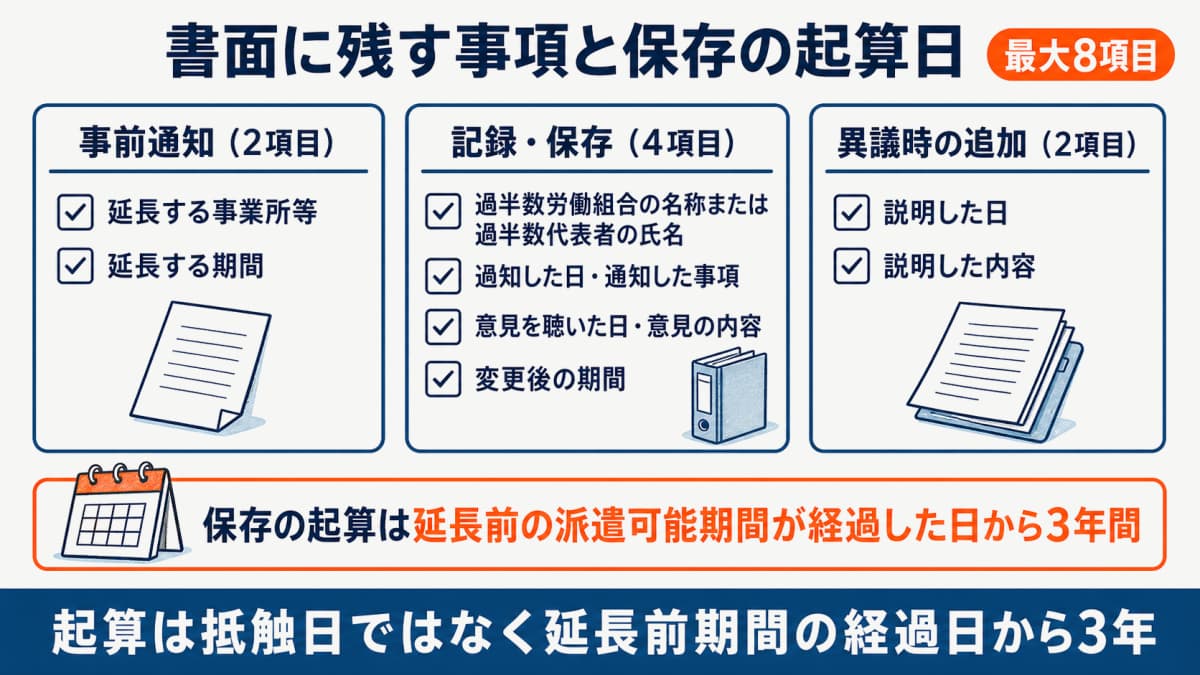 意見聴取の書面必須記載事項と3年保存の起算日を整理した早見表