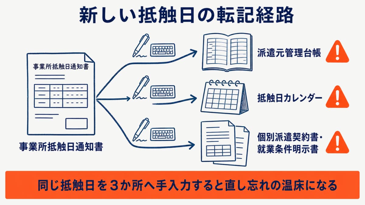 事業所抵触日通知書から派遣元管理台帳・抵触日カレンダーへの転記経路図
