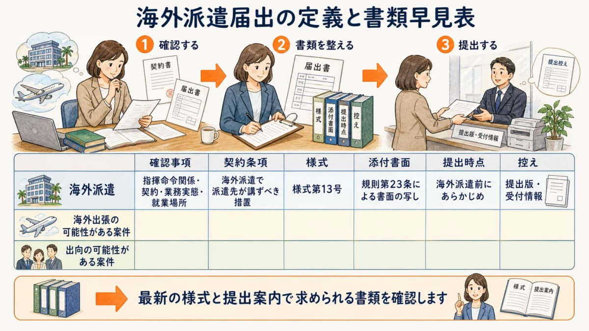 海外派遣の該当性から契約書面と様式第13号までを示す早見表