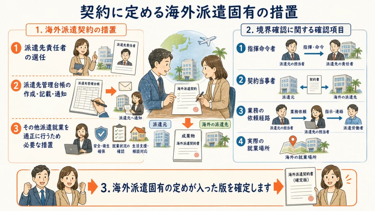 海外派遣契約で派遣先が講ずべき措置と書面化を整理する図