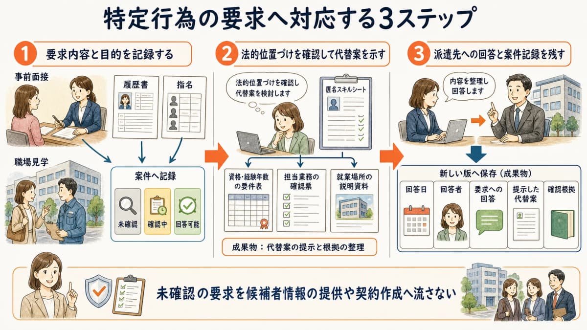 特定行為の要求受付から代替案と回答記録までの3ステップ