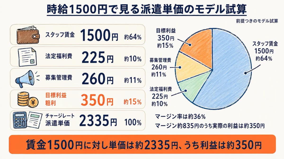 時給1500円を例にした派遣単価の原価内訳と構成比のモデル試算表