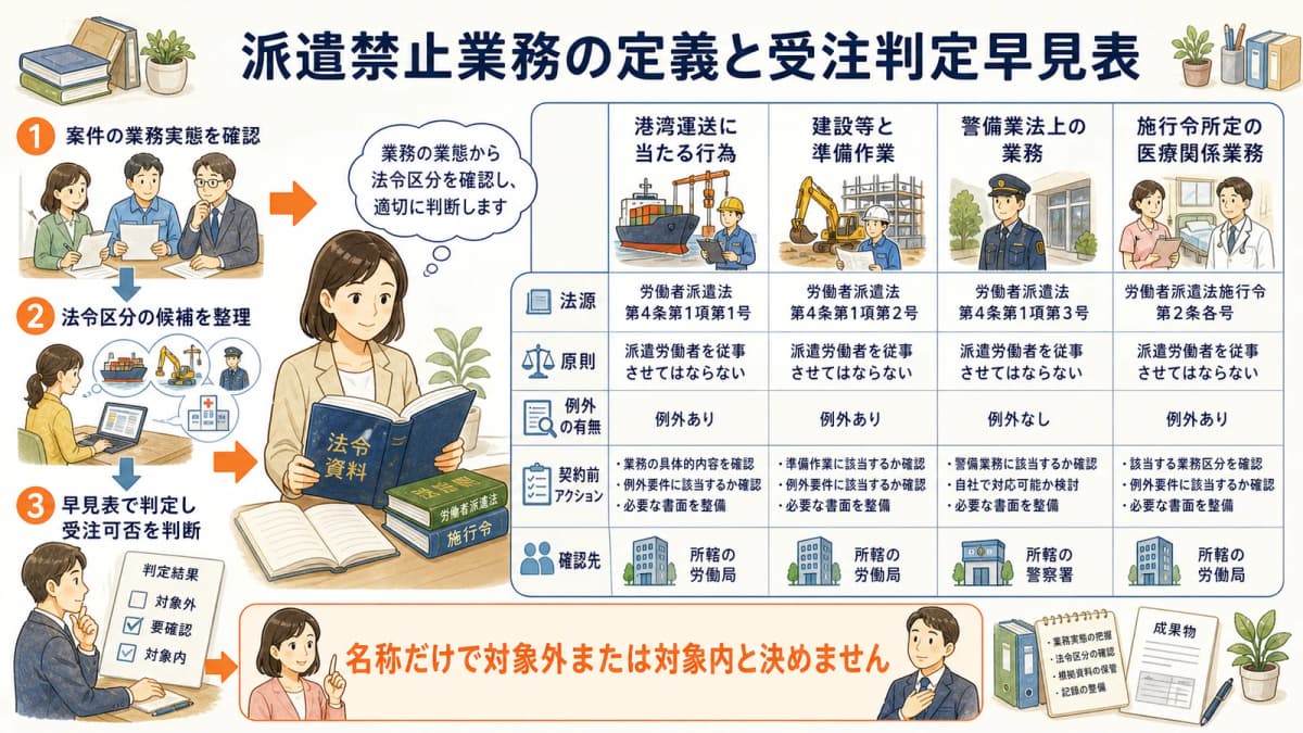 法4条の適用除外業務と施行令の例外を案件実態へ照合する受注判定早見表