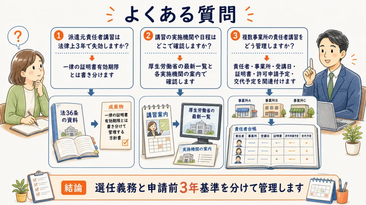 派遣元責任者講習の3年基準と実施機関と複数事業所管理に関する質問