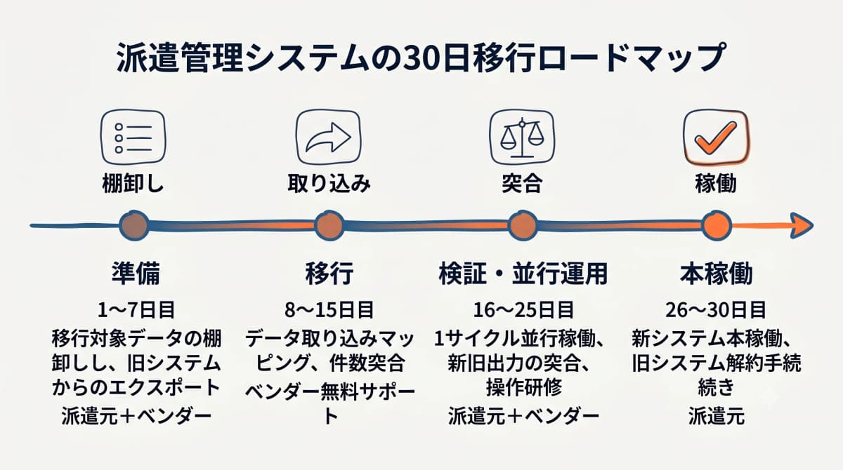 派遣管理システムの30日移行ロードマップ(4フェーズ)