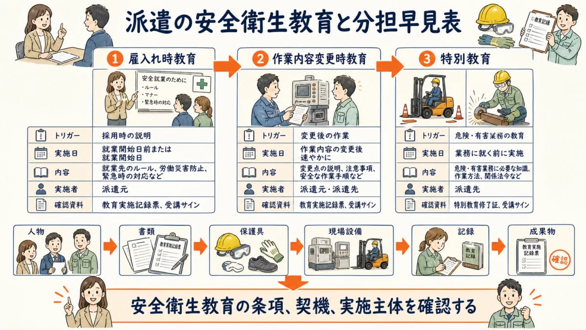 雇入れ時と作業内容変更時と特別教育の派遣元・派遣先分担早見表