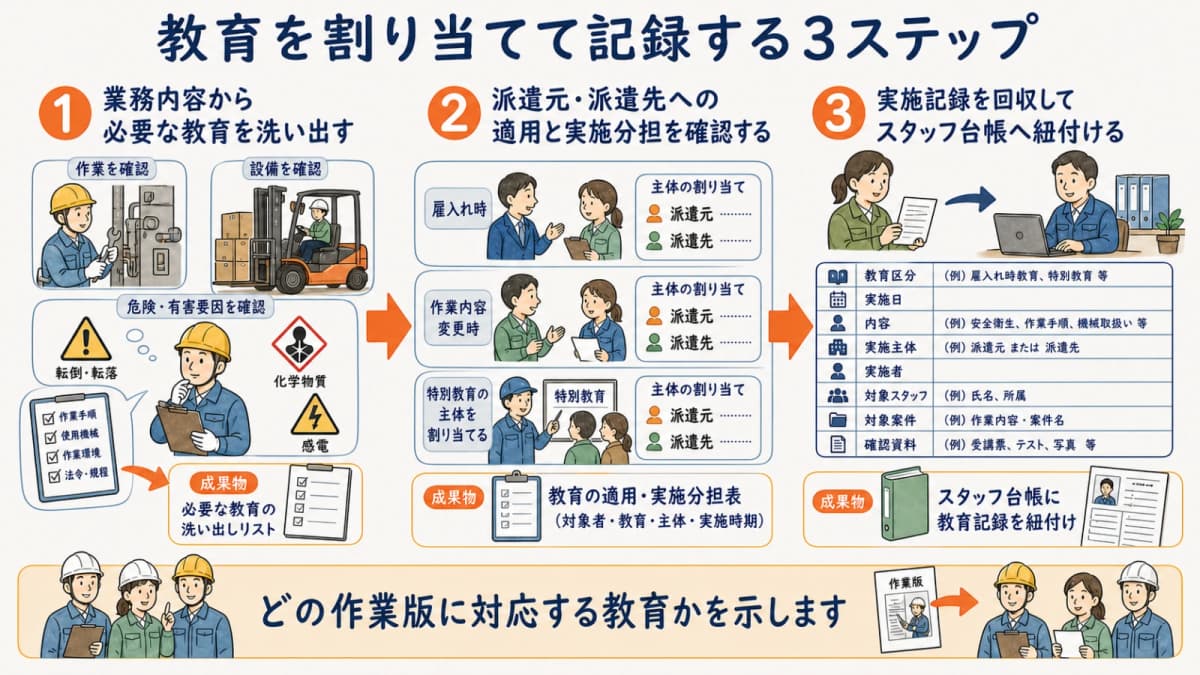 業務確認から教育主体の割当と実施記録回収までの3ステップ