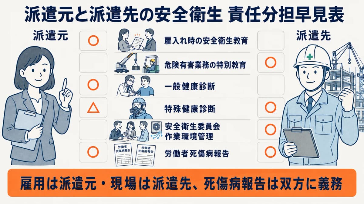 派遣スタッフの安全衛生管理における派遣元と派遣先の責任分担早見表