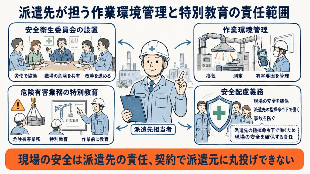 派遣先が担う作業環境管理と特別教育の責任範囲図