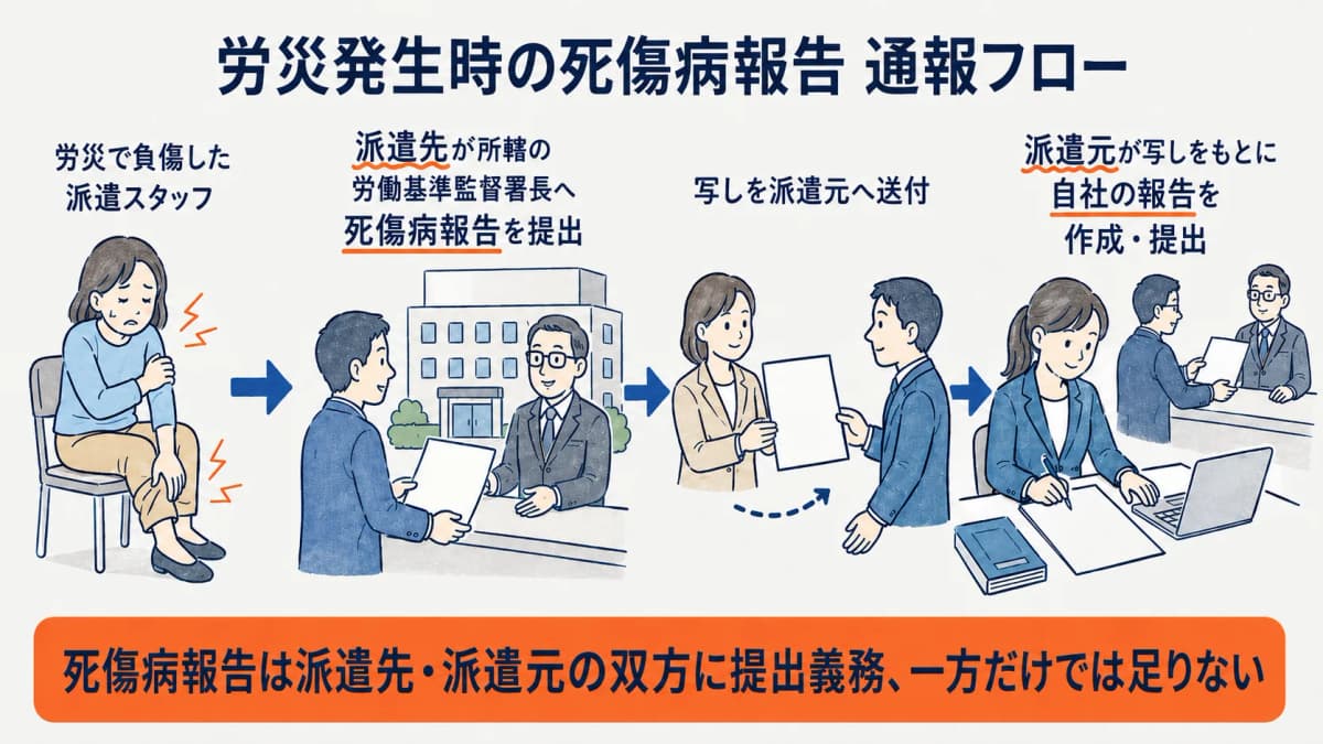 派遣スタッフの労災発生時における派遣先・派遣元の通報フロー早見表
