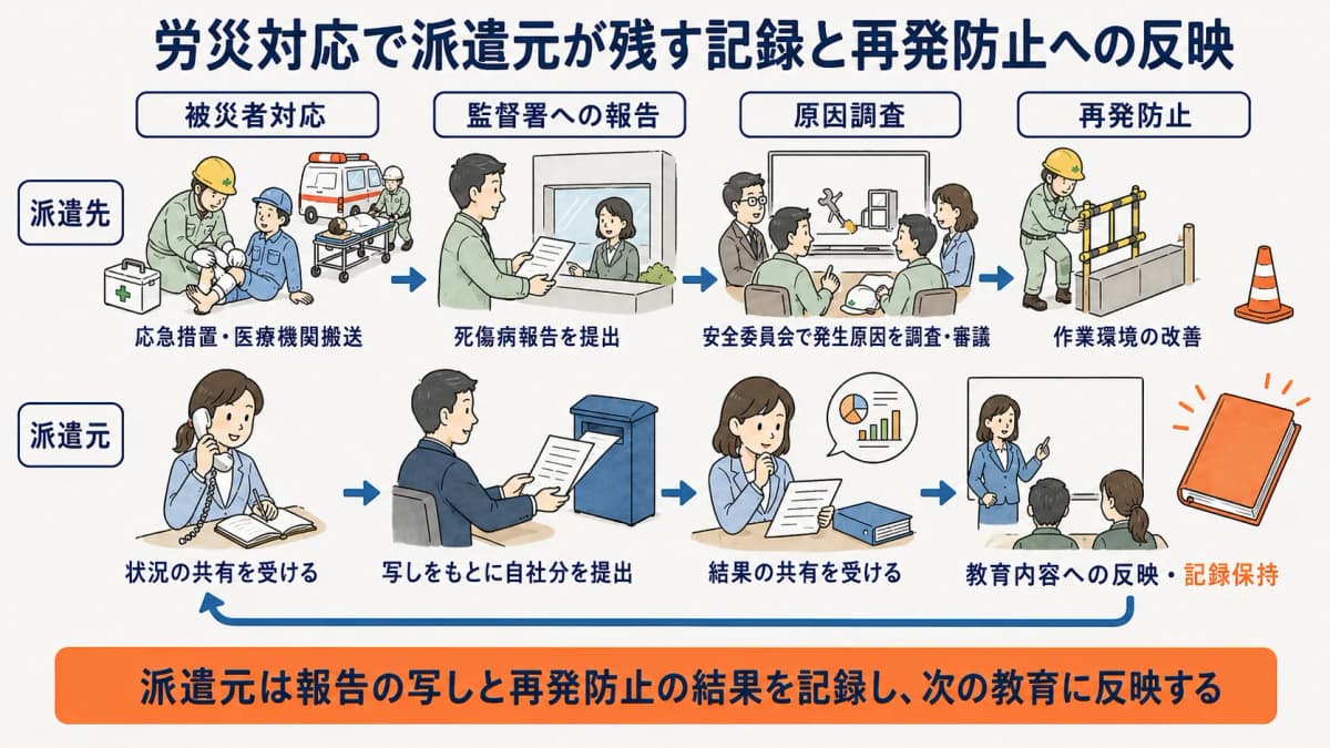 労災対応で派遣元が残すべき記録と再発防止への反映の関係図
