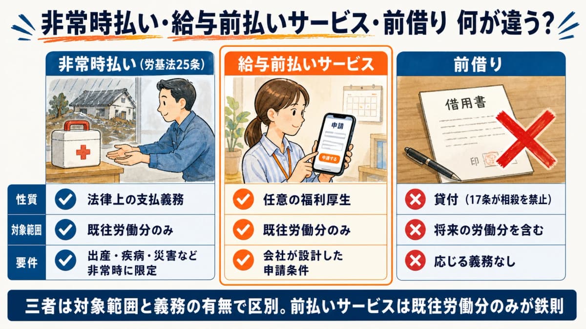 非常時払い・給与前払いサービス・前借りの三者の違い