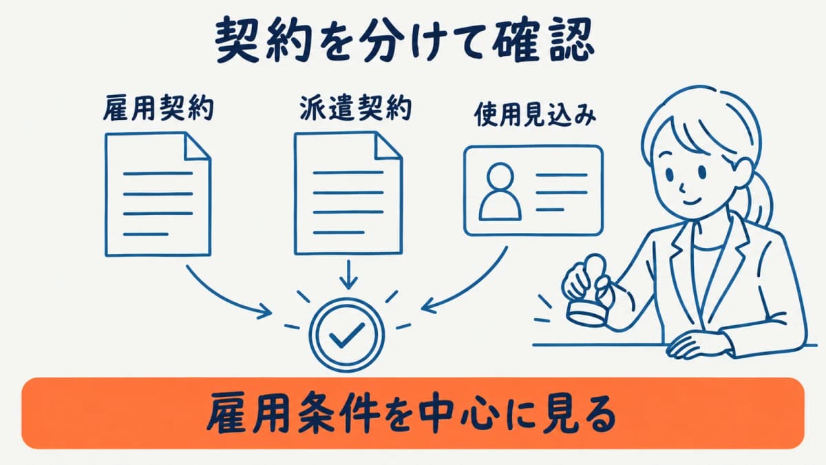 雇用契約と派遣契約を分けて確認する早見図