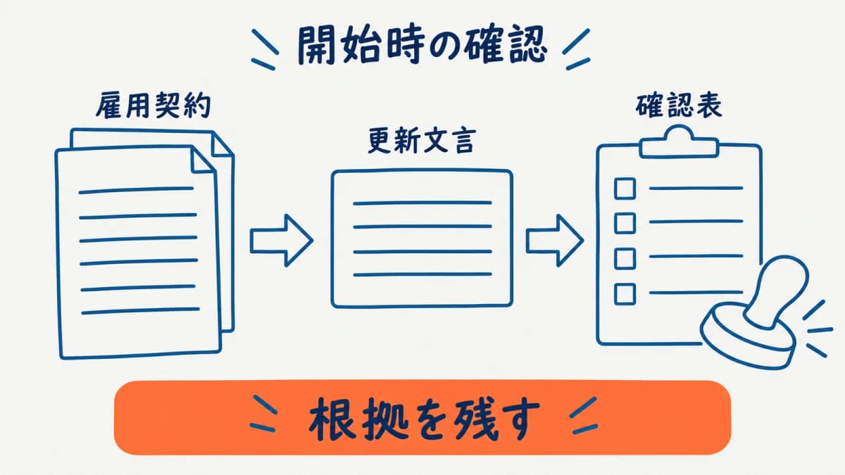 雇用契約の期間と更新文言を確認する図
