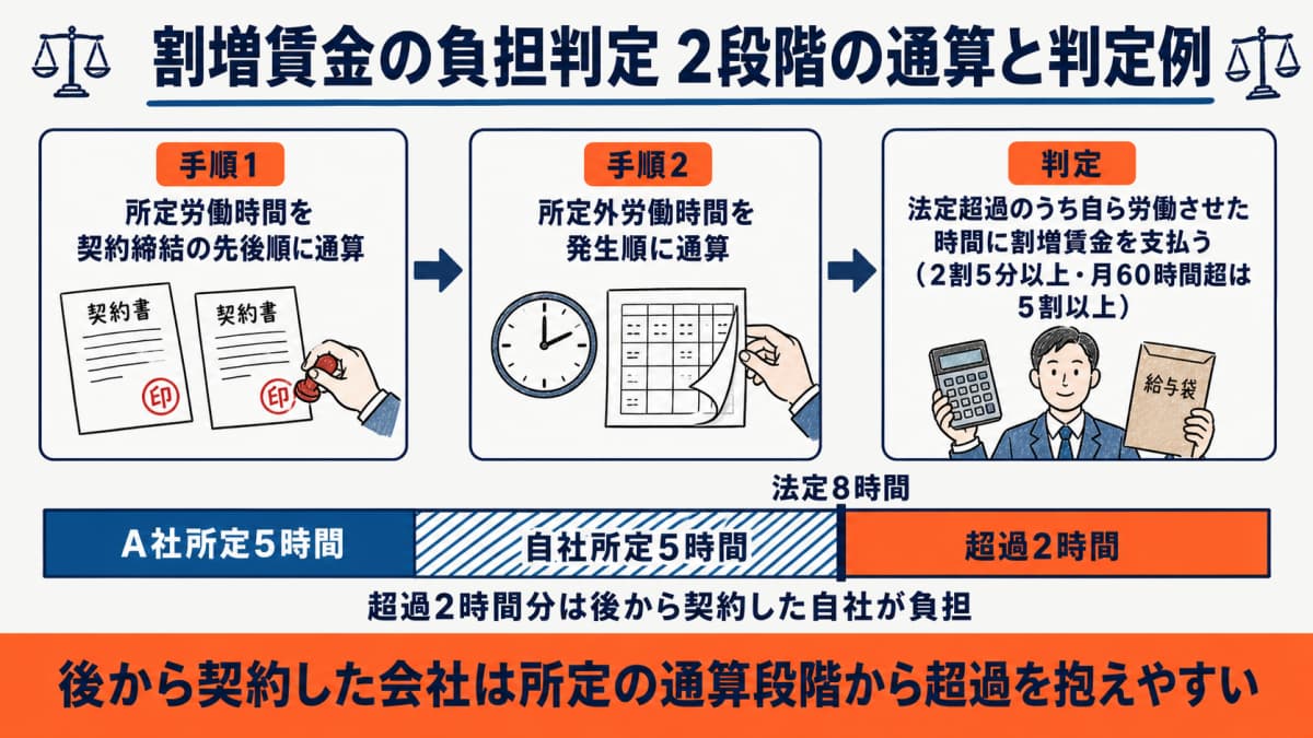 契約締結の先後と所定外労働の発生順による割増賃金負担の判定フロー図