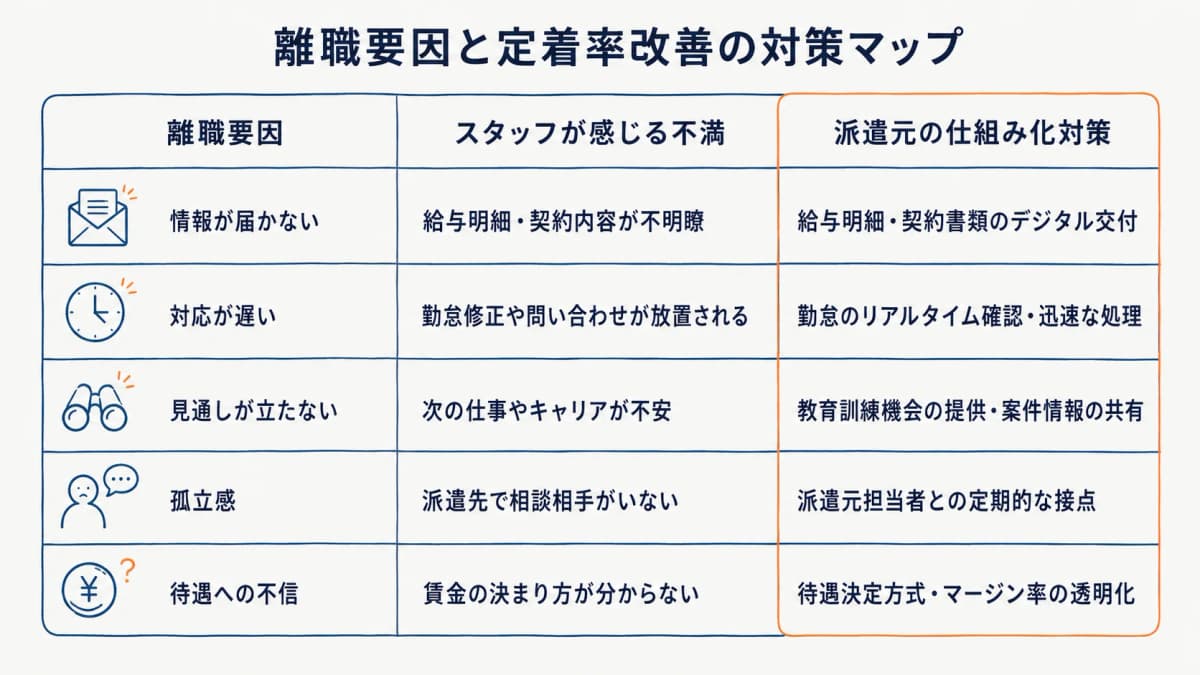 派遣スタッフの離職要因と定着率改善の対策マップ