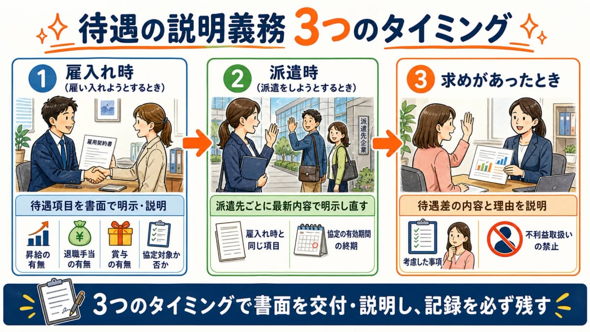 派遣の待遇説明義務の3つのタイミングと主な説明事項をまとめた早見表の図解