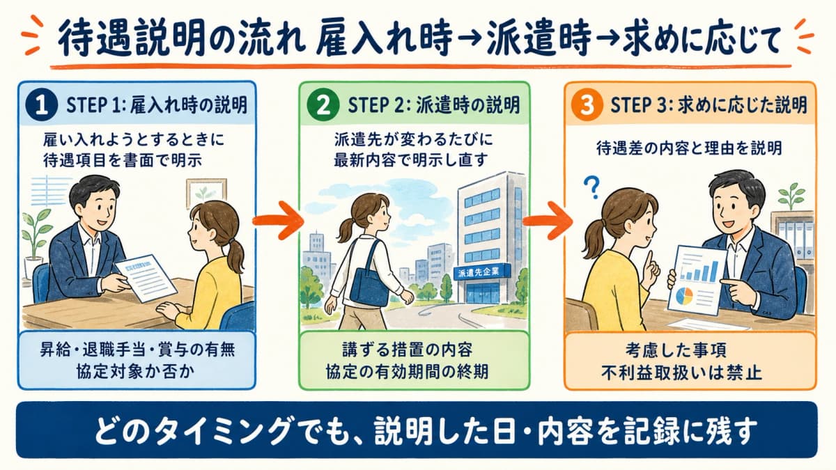 雇入れ時・派遣時・求めがあったときの待遇説明の流れを示すフロー図