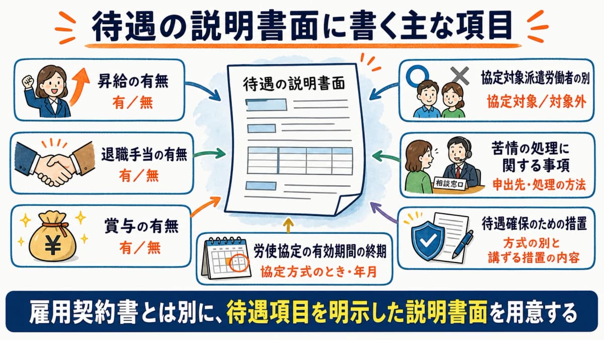 待遇の説明書面・明示書面に記載する主な項目の一覧を示す図解