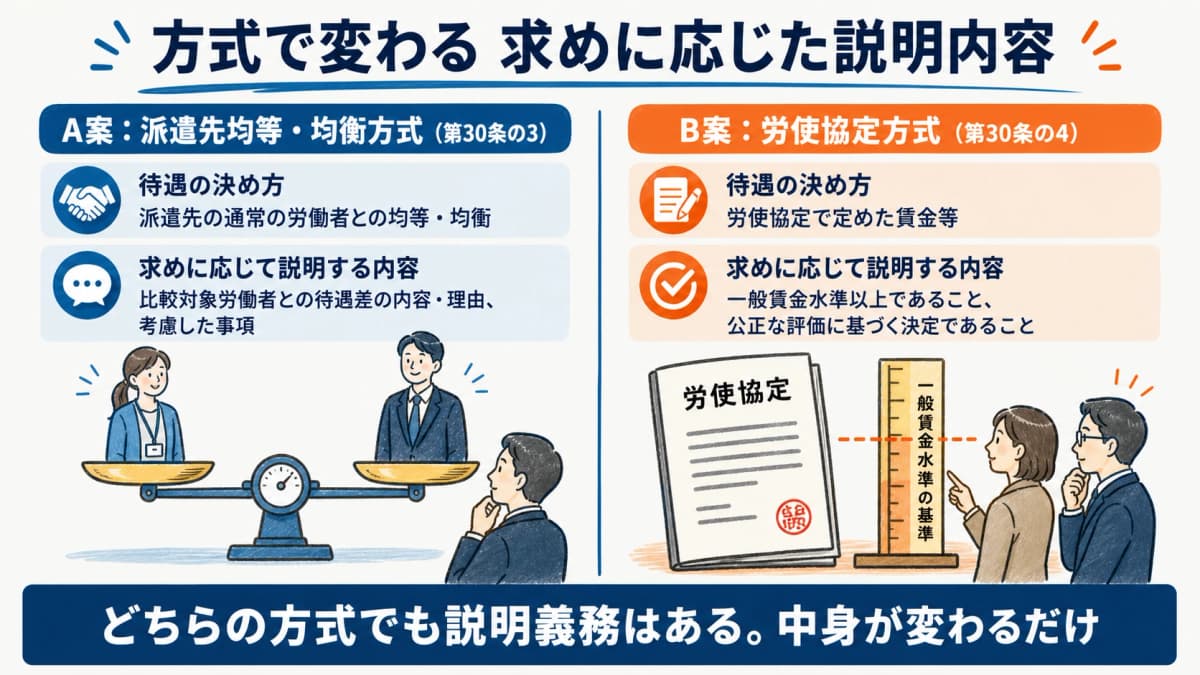 労使協定方式と派遣先均等・均衡方式で説明内容の違いを比較した図解