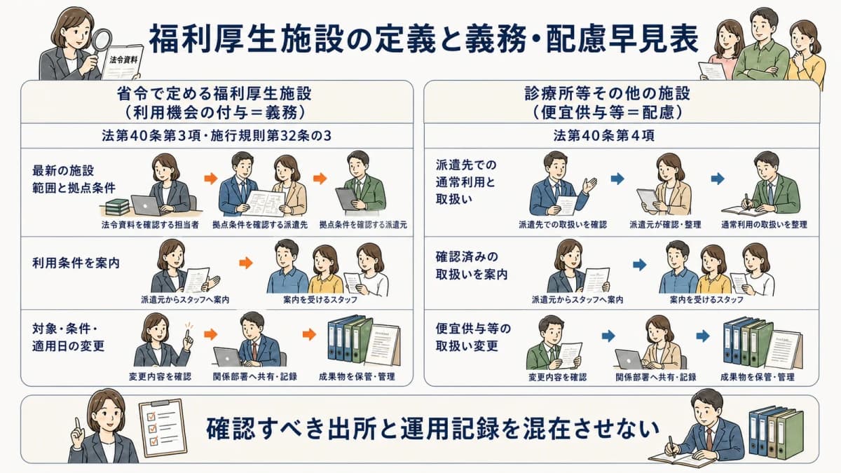省令で定める福利厚生施設の義務と診療所等その他の施設への配慮を分ける早見表