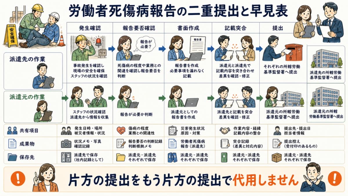 派遣元と派遣先が行う労働者死傷病報告の二重提出早見表
