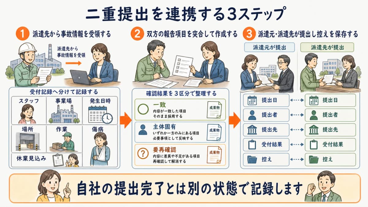 派遣先の事故情報受領から双方の報告提出までの3ステップ