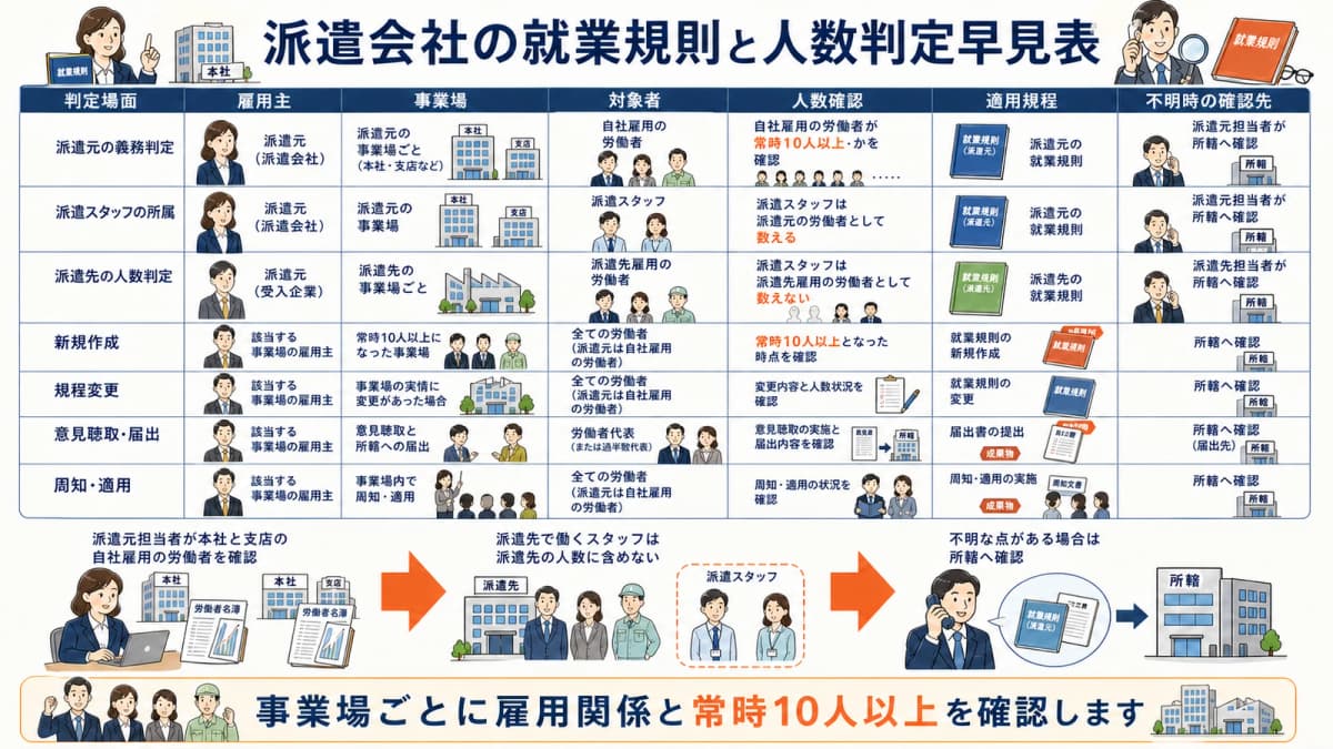 派遣元と派遣先の雇用関係を分ける就業規則人数判定早見表