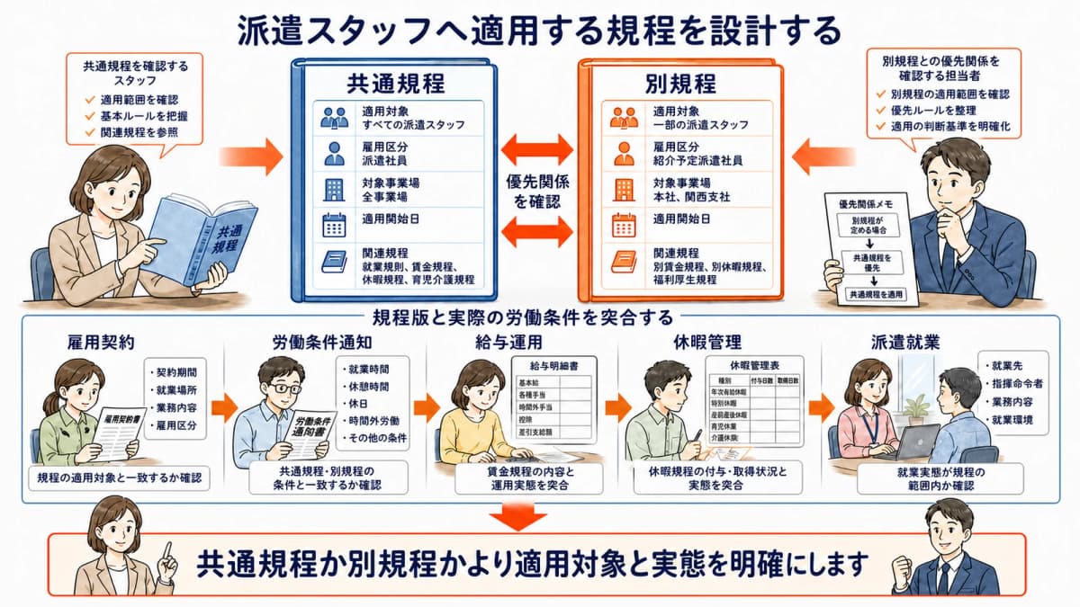 派遣スタッフに適用する共通規程と別規程の対象範囲設計図