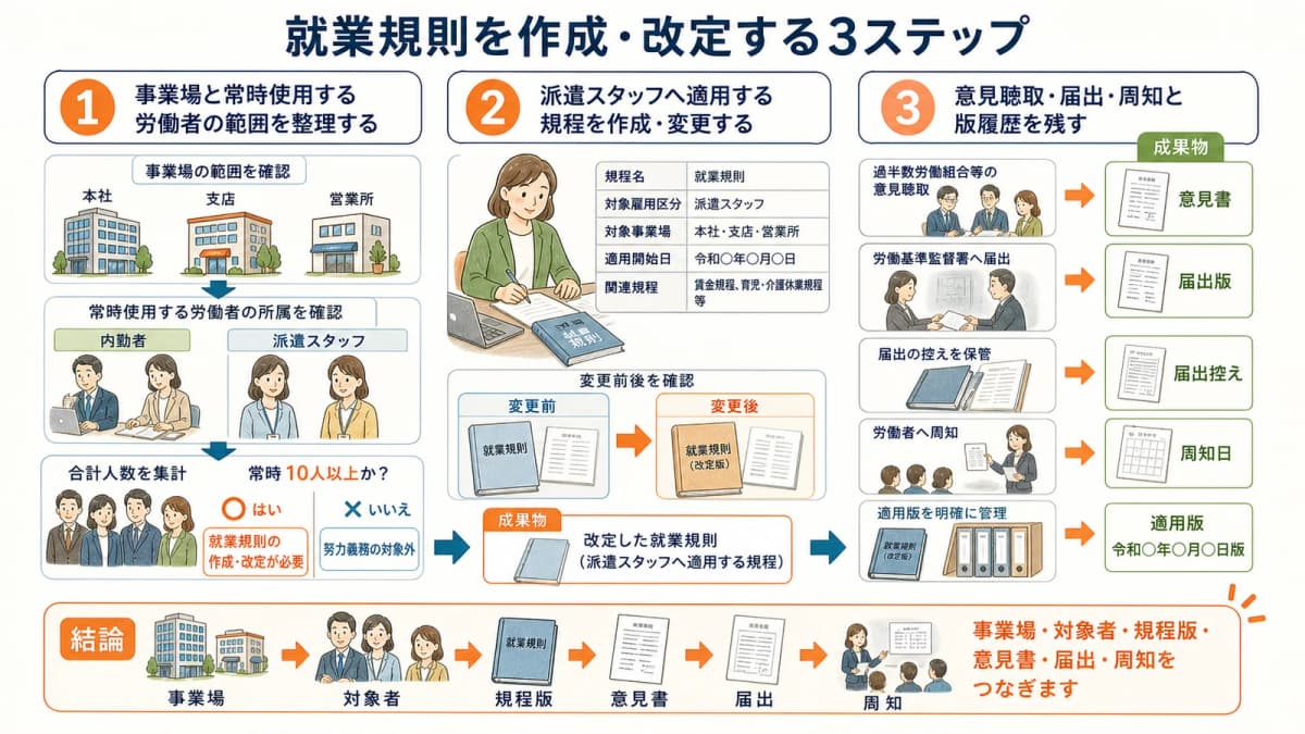 事業場と対象者の整理から意見聴取と届出と周知までの3ステップ