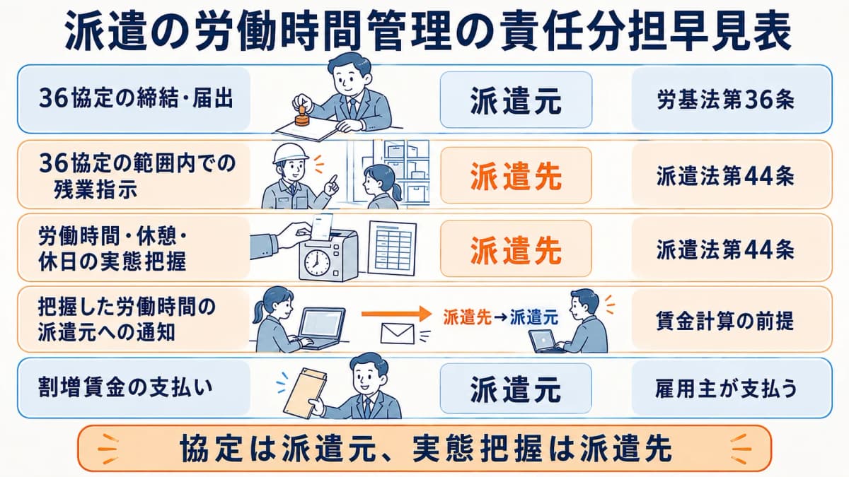 派遣の労働時間管理における派遣元と派遣先の責任分担早見表
