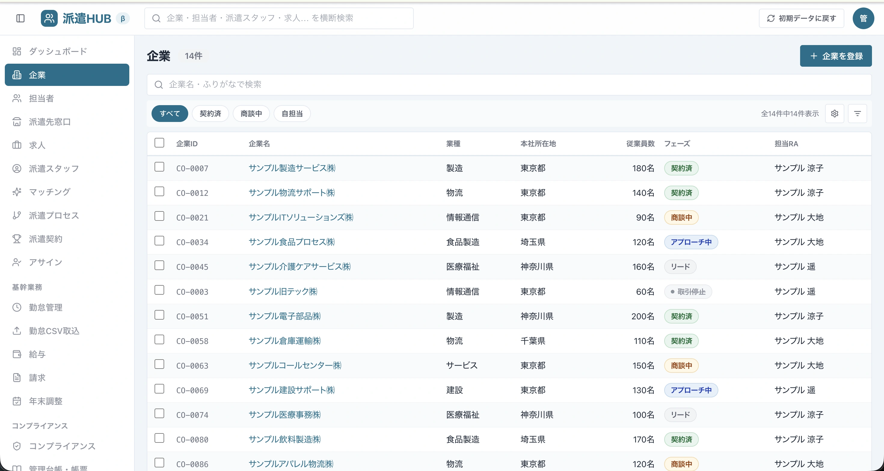 派遣HUBの企業一覧画面
