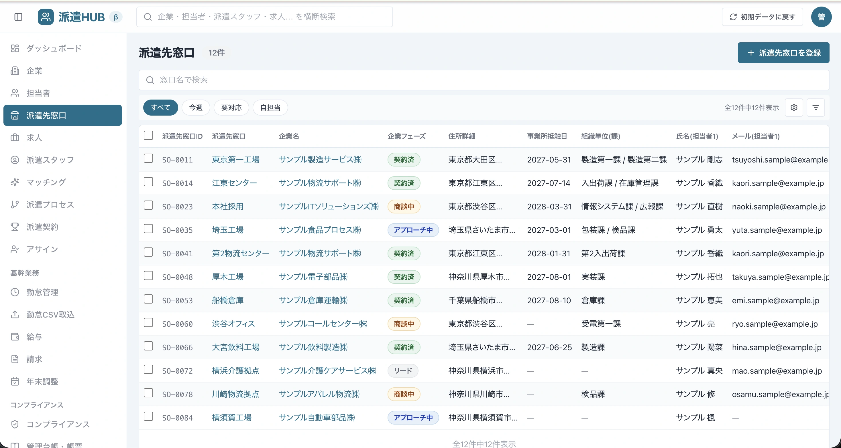 派遣HUBの派遣先窓口一覧画面